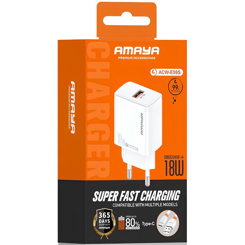 Мережевий зарядний пристрій Amaya E59S QC3.0 18W (1USB-A) + кабель USB to Type-C - Зображення 2