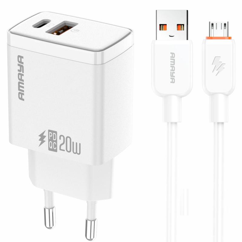 Мережевий зарядний пристрій Amaya E67D PD20W+QC3.0 (1USB-A/1C) + кабель USB to MicroUSB