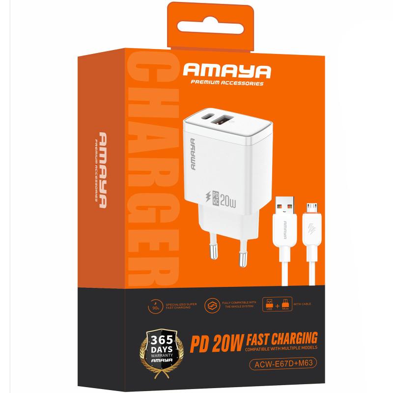 Мережевий зарядний пристрій Amaya E67D PD20W+QC3.0 (1USB-A/1C) + кабель USB to MicroUSB - Зображення 2