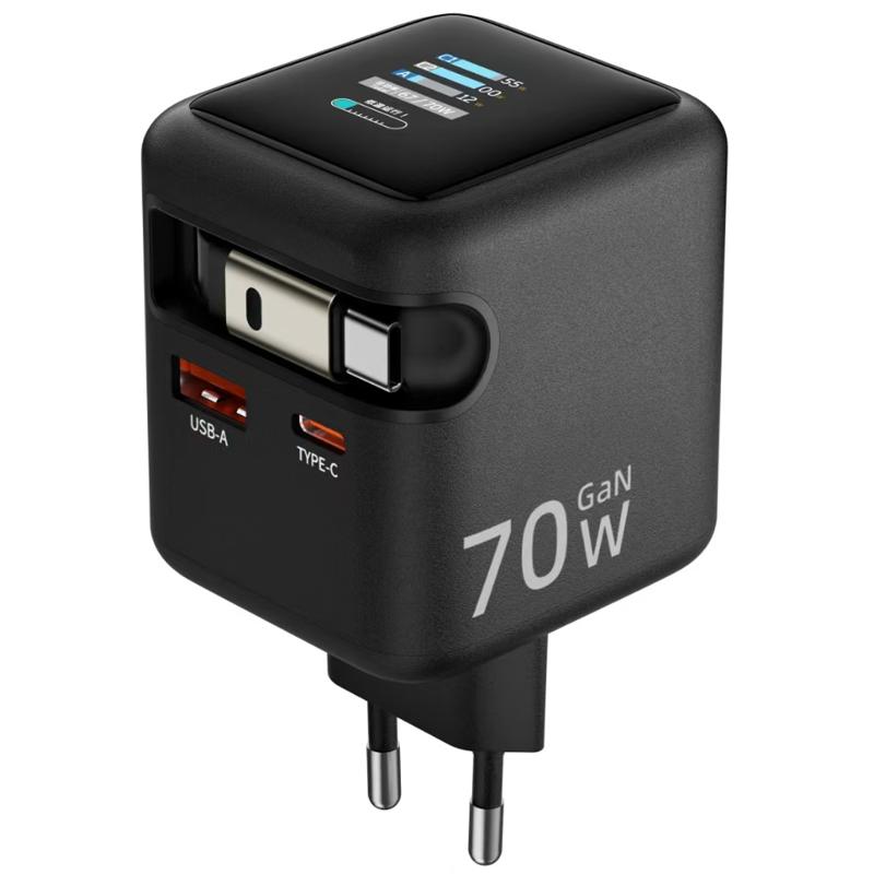 Мережевий зарядний пристрій Amaya E700D PD70W+QC3.0 GaN (1USB-A/1C) + Retractable Cable Type-C