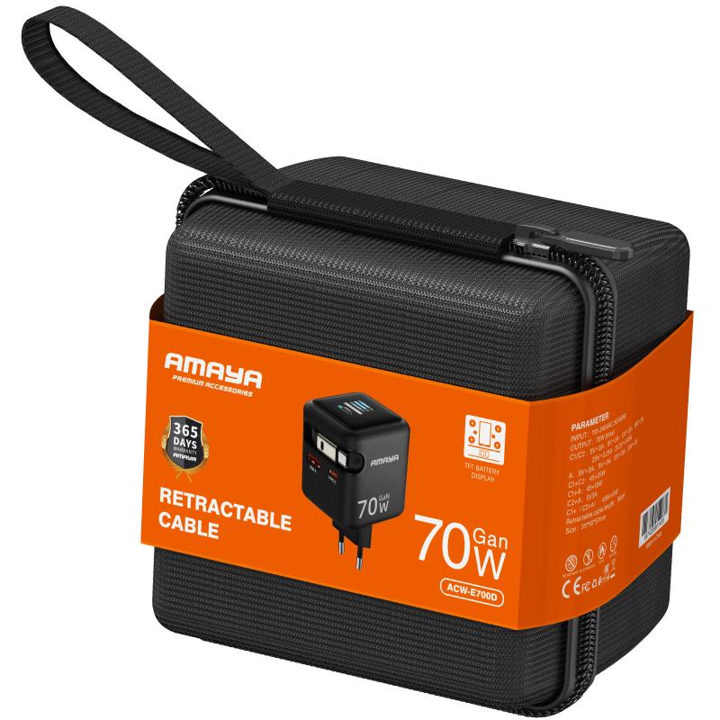 Мережевий зарядний пристрій Amaya E700D PD70W+QC3.0 GaN (1USB-A/1C) + Retractable Cable Type-C - Зображення 2