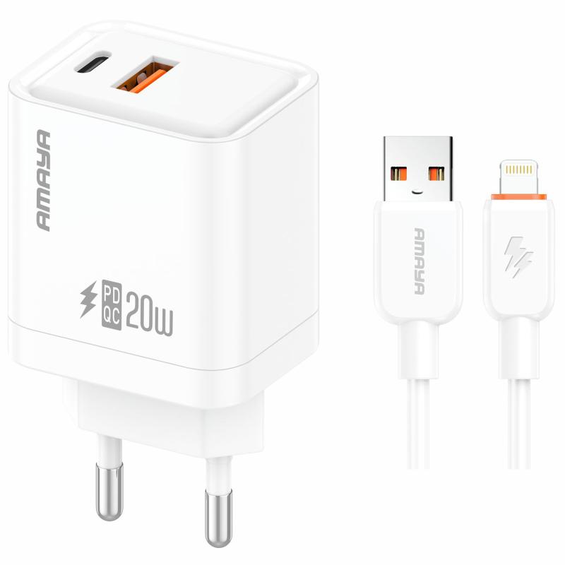 Мережевий зарядний пристрій Amaya E77D PD20W+QC3.0 (1USB-A/1C) + кабель USB to Lightning