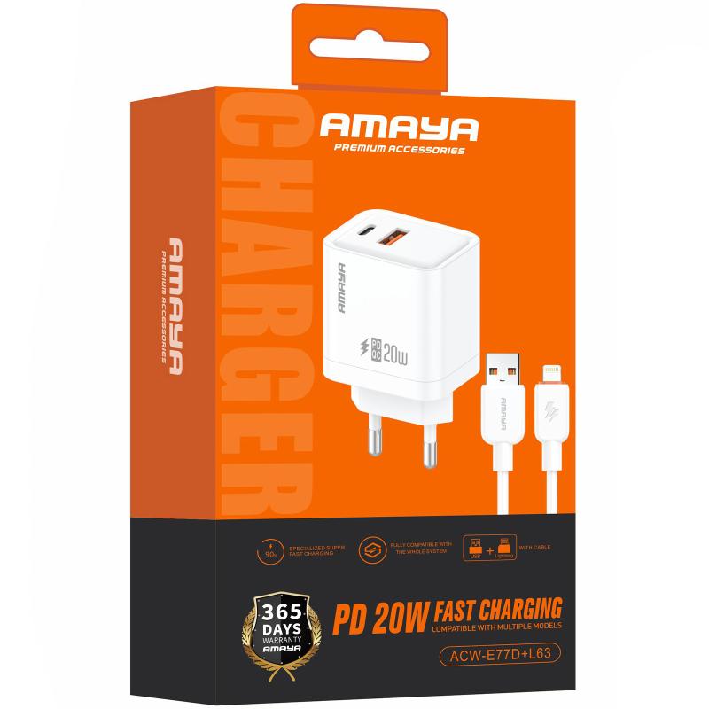 Мережевий зарядний пристрій Amaya E77D PD20W+QC3.0 (1USB-A/1C) + кабель USB to Lightning - Зображення 2
