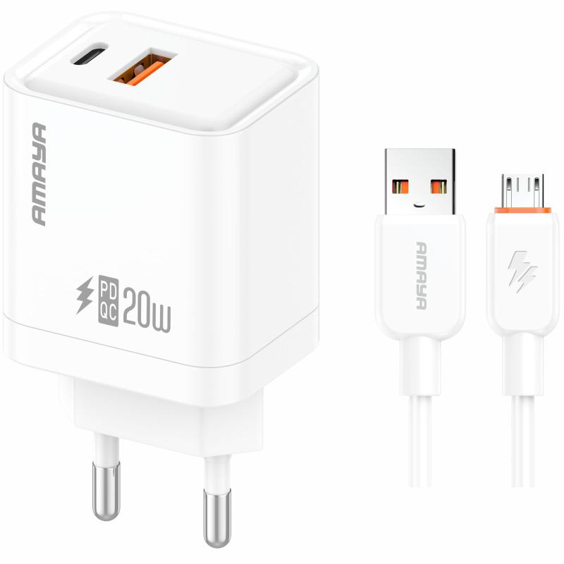 Мережевий зарядний пристрій Amaya E77D PD20W+QC3.0 (1USB-A/1C) + кабель USB to MicroUSB