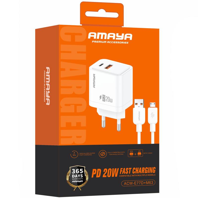 Мережевий зарядний пристрій Amaya E77D PD20W+QC3.0 (1USB-A/1C) + кабель USB to MicroUSB - Зображення 2