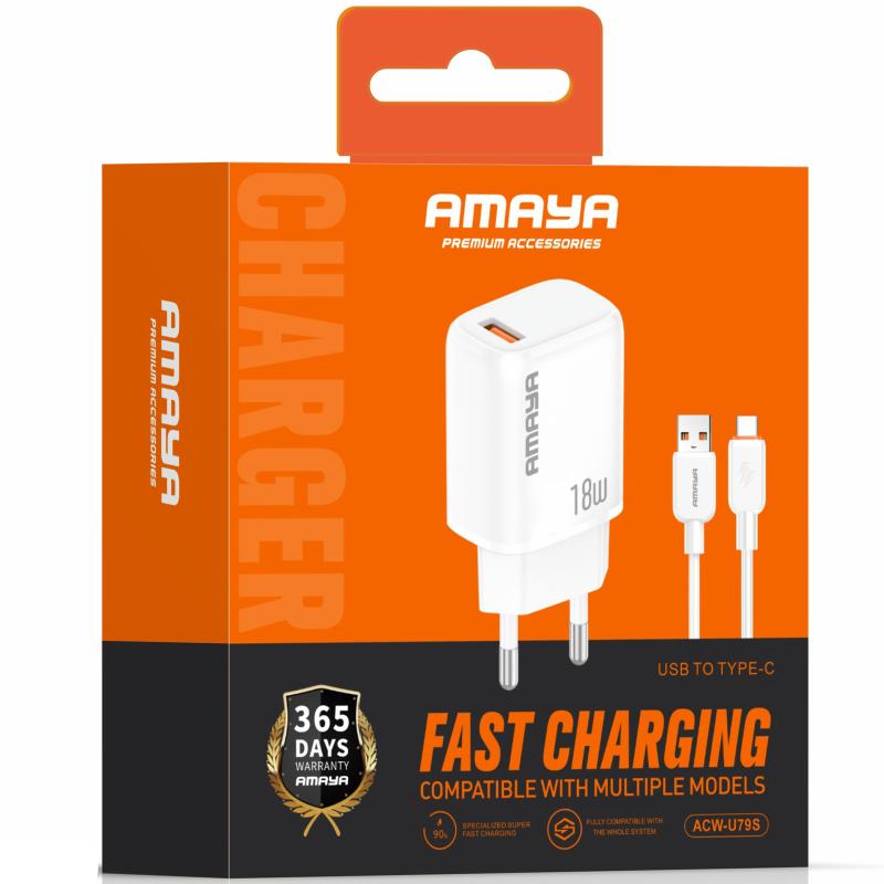 Мережевий зарядний пристрій Amaya U79S QC3.0 18W (1USB-A) + кабель USB to Type-C - Зображення 2