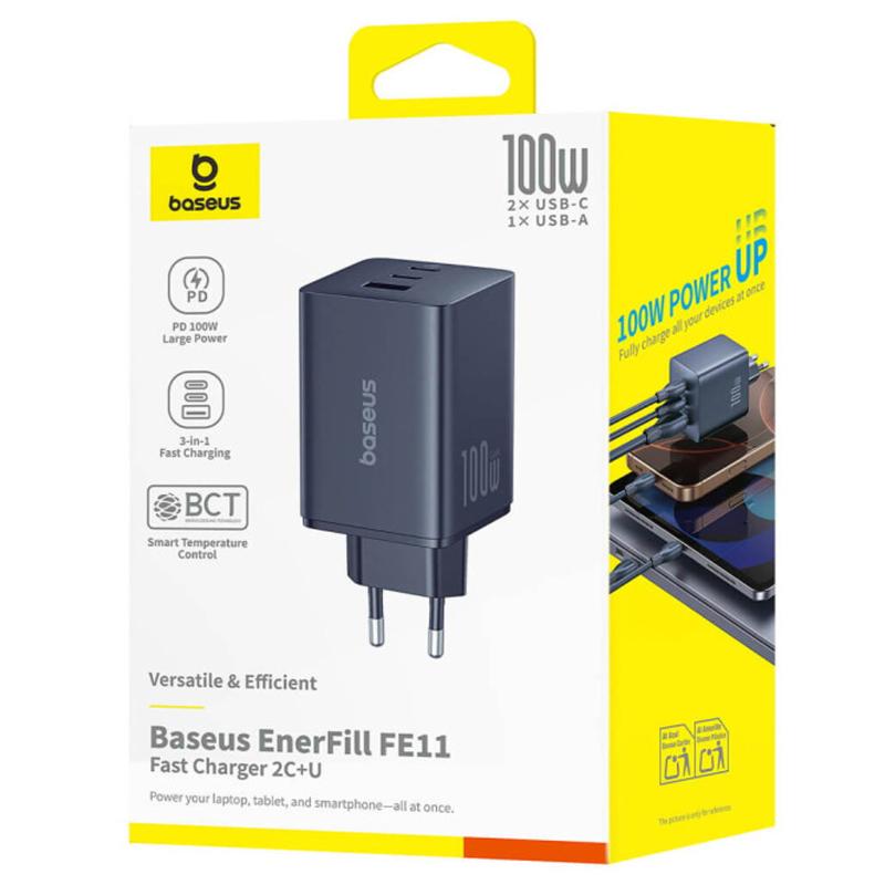 Мережевий зарядний пристрій Baseus EnerFill FE11 Fast Charger PD100W+QC3.0 (1USB-A/2C) (P101821) - Зображення 4