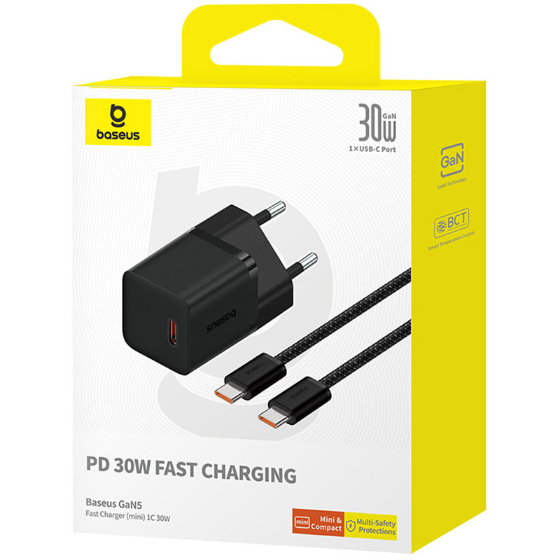 Мережевий зарядний пристрій Baseus GaN5 Fast Charger mini PD30W (1USB-C) + кабель Type-C to Type-C (P10110902) - Зображення 6