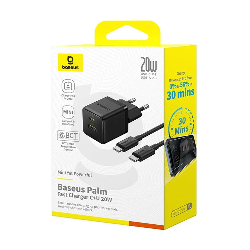 Мережевий зарядний пристрій Baseus Palm Fast Charger PD20W+QC3.0 (1USB-A/1C) + кабель Type-C to Type-C (P10111608) - Зображення 6