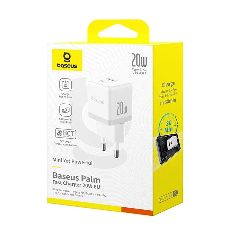 Мережевий зарядний пристрій Baseus Palm Fast Charger PD20W+QC3.0 (1USB-A/1C) + кабель Type-C to Type-C (P10111608) - Зображення 6