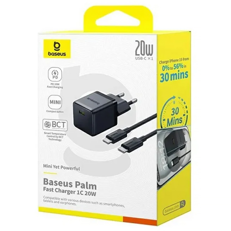 Мережевий зарядний пристрій Baseus Palm Fast Charger 20W (1USB-C) + кабель Type-C to Type-C (P10111602) - Зображення 5