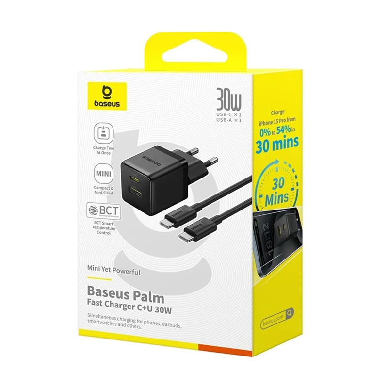 Мережевий зарядний пристрій Baseus Palm Fast Charger PD30W+QC3.0 (1USB-A/1C) + кабель Type-C to Type-C (P1011160A) - Зображення 6