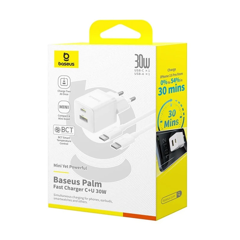 Мережевий зарядний пристрій Baseus Palm Fast Charger PD30W+QC3.0 (1USB-A/1C) + кабель Type-C to Type-C (P1011160A) - Зображення 6