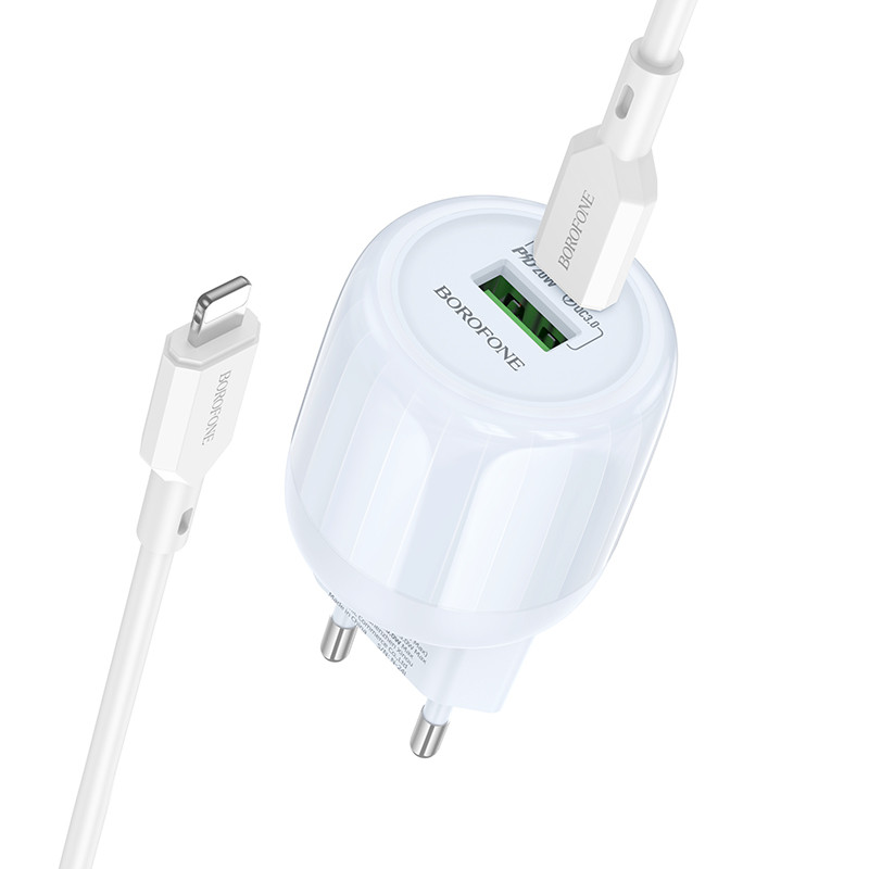 Мережевий зарядний пристрій Borofone BA93A Lustrous PD20W+QC3.0 (1USB-A/1C) + кабель Type-C to Lightning