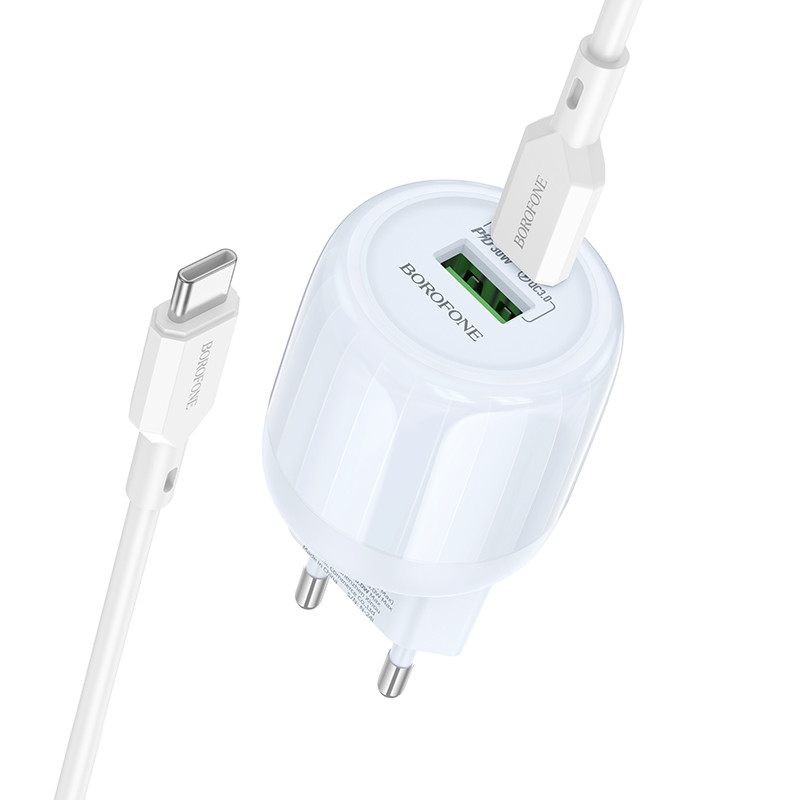 Мережевий зарядний пристрій Borofone BA94A Lustrous PD30W+QC3.0 (1USB-A/1C) + кабель Type-C to Type-C