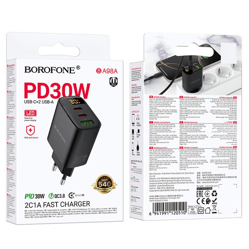 Мережевий зарядний пристрій Borofone BA98A Ilustre with digital display PD30W (1USB-A/2C) - Зображення 2