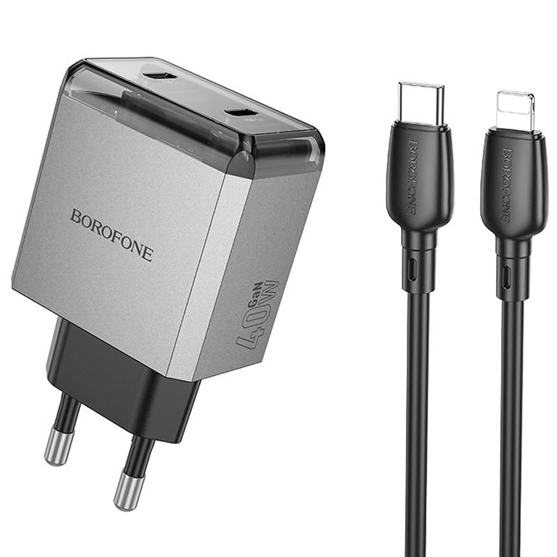 Мережевий зарядний пристрій Borofone BN21 Lena PD40W+QC3.0 (2USB-C) + кабель Type-C to Lightning