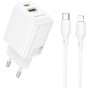 Мережевий зарядний пристрій Borofone BN27 Fuente PD20W+QC3.0 (1USB-A/1C) + кабель Type-C to Lightning
