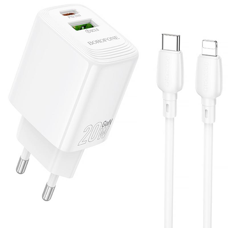 Мережевий зарядний пристрій Borofone BN27 Fuente PD20W+QC3.0 (1USB-A/1C) + кабель Type-C to Lightning