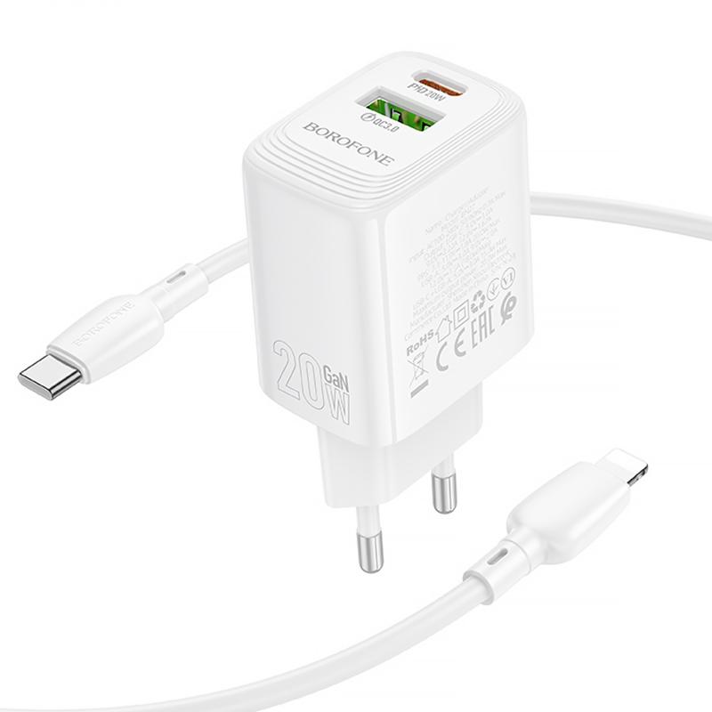 Мережевий зарядний пристрій Borofone BN27 Fuente PD20W+QC3.0 (1USB-A/1C) + кабель Type-C to Lightning - Зображення 2