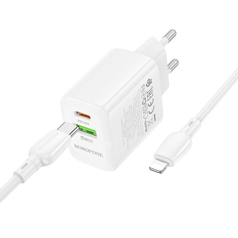 Мережевий зарядний пристрій Borofone BN27 Fuente PD20W+QC3.0 (1USB-A/1C) + кабель Type-C to Lightning - Зображення 4