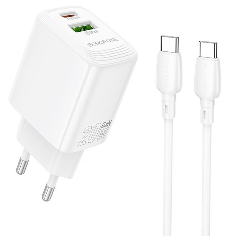 Мережевий зарядний пристрій Borofone BN27 Fuente PD20W+QC3.0 (1USB-A/1C) + кабель Type-C to Type-C