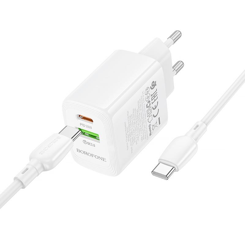 Мережевий зарядний пристрій Borofone BN27 Fuente PD20W+QC3.0 (1USB-A/1C) + кабель Type-C to Type-C - Зображення 4