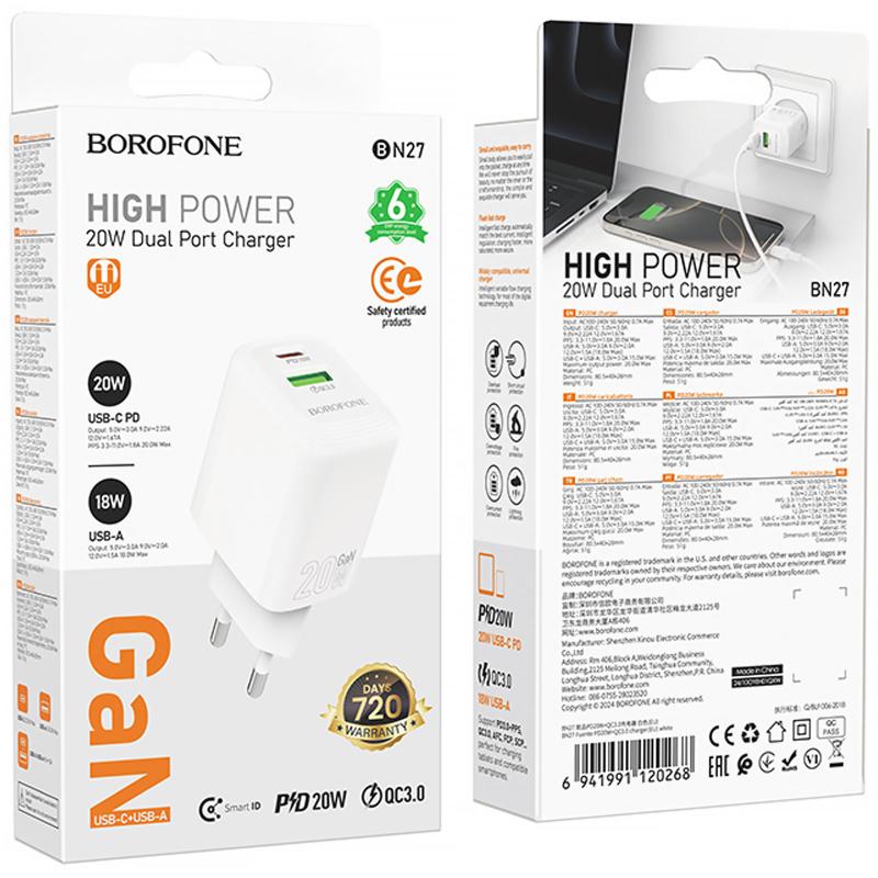 Мережевий зарядний пристрій Borofone BN27 Fuente PD20W+QC3.0 (1USB-A/1C) - Зображення 6