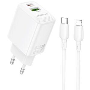 Мережевий зарядний пристрій Borofone BN29 Fuente PD30W+QC3.0 (1USB-A/1C) + кабель Type-C to Lightning