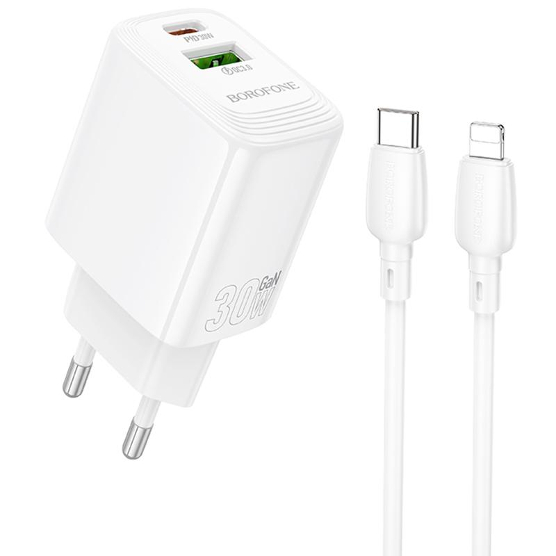 Мережевий зарядний пристрій Borofone BN29 Fuente PD30W+QC3.0 (1USB-A/1C) + кабель Type-C to Lightning