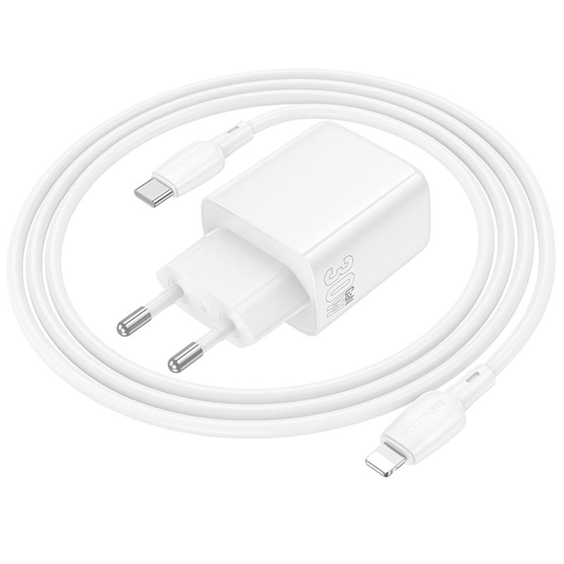 Мережевий зарядний пристрій Borofone BN29 Fuente PD30W+QC3.0 (1USB-A/1C) + кабель Type-C to Lightning - Зображення 2