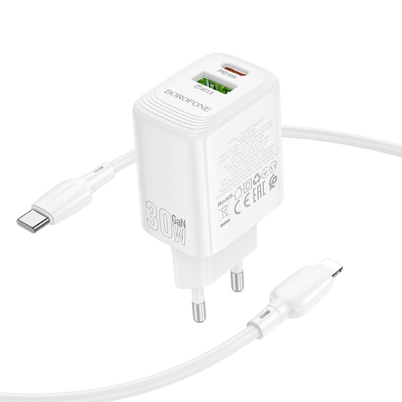 Мережевий зарядний пристрій Borofone BN29 Fuente PD30W+QC3.0 (1USB-A/1C) + кабель Type-C to Lightning - Зображення 3