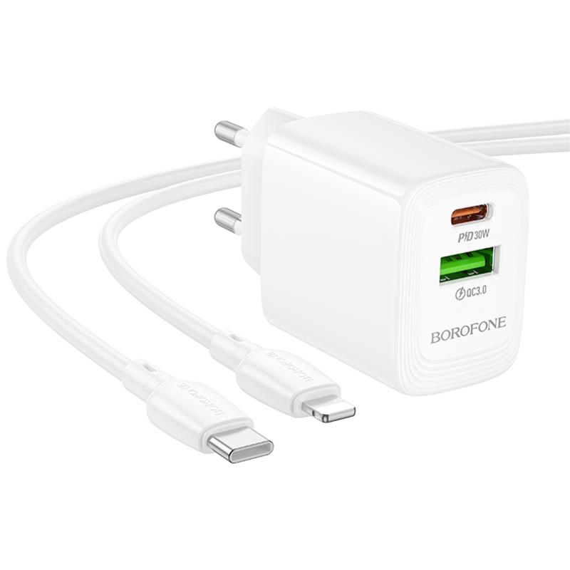 Мережевий зарядний пристрій Borofone BN29 Fuente PD30W+QC3.0 (1USB-A/1C) + кабель Type-C to Lightning - Зображення 4