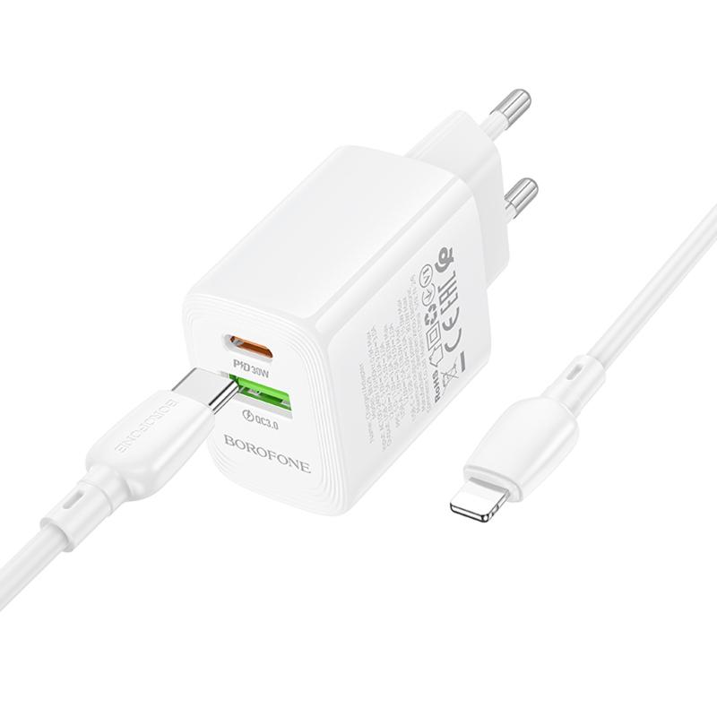 Мережевий зарядний пристрій Borofone BN29 Fuente PD30W+QC3.0 (1USB-A/1C) + кабель Type-C to Lightning - Зображення 5