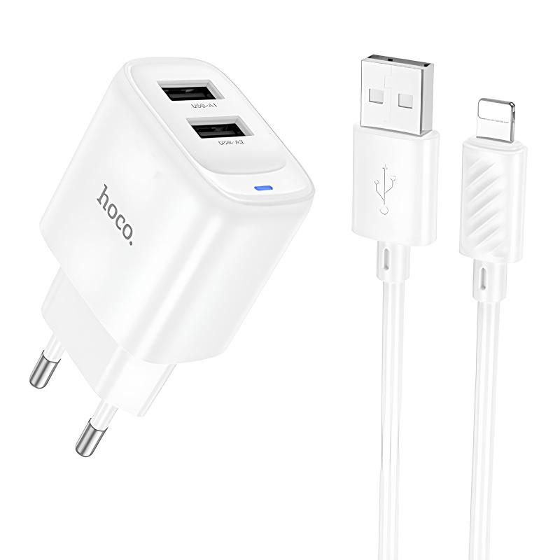 Мережевий зарядний пристрій Hoco C141A Smart 2.1A (2USB-A) + кабель USB to Lightning