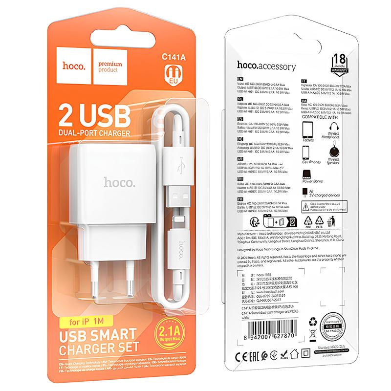 Мережевий зарядний пристрій Hoco C141A Smart 2.1A (2USB-A) + кабель USB to Lightning - Зображення 2