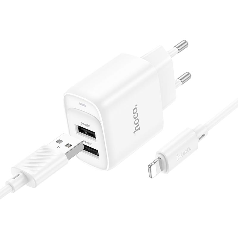 Мережевий зарядний пристрій Hoco C141A Smart 2.1A (2USB-A) + кабель USB to Lightning - Зображення 3