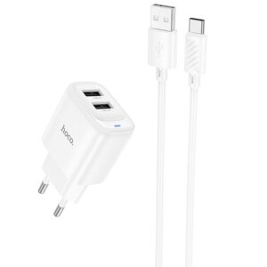 Мережевий зарядний пристрій Hoco C141A Smart 2.1A (2USB-A) + кабель USB to Type-C