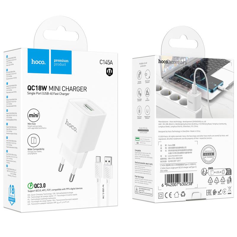 Мережевий зарядний пристрій Hoco C145A Charm QC3.0 18W (1USB-A) + кабель USB to Type-C - Зображення 6