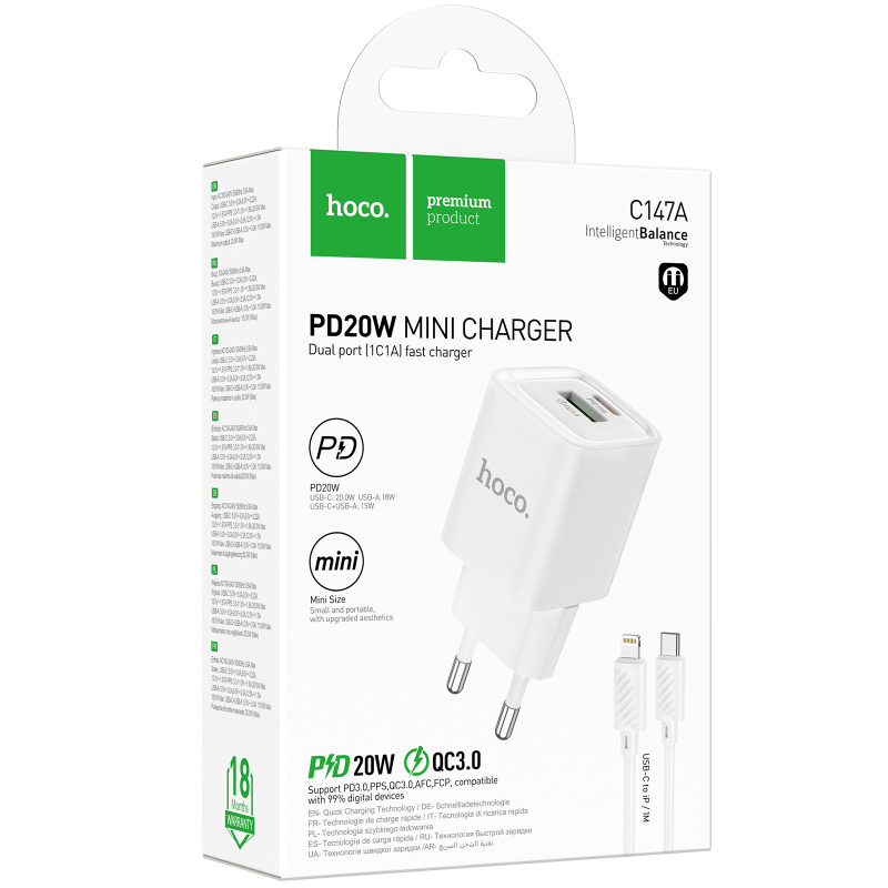 Мережевий зарядний пристрій Hoco C147A PD20W+QC3.0 (1USB-A/1C) + кабель Type-C to Lightning - Зображення 3