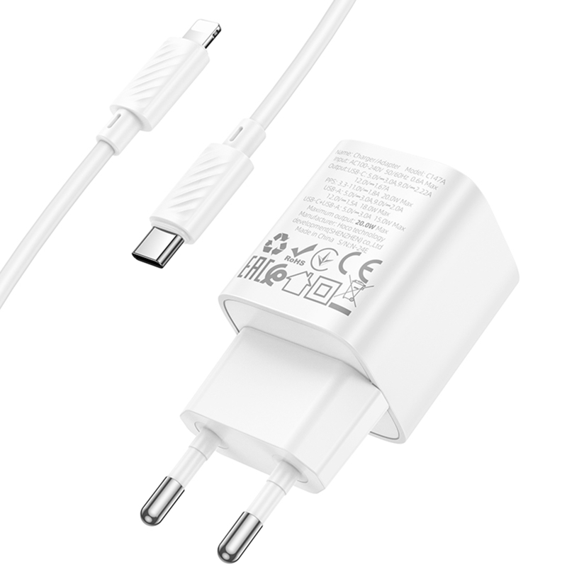 Мережевий зарядний пристрій Hoco C147A PD20W+QC3.0 (1USB-A/1C) + кабель Type-C to Lightning - Зображення 4
