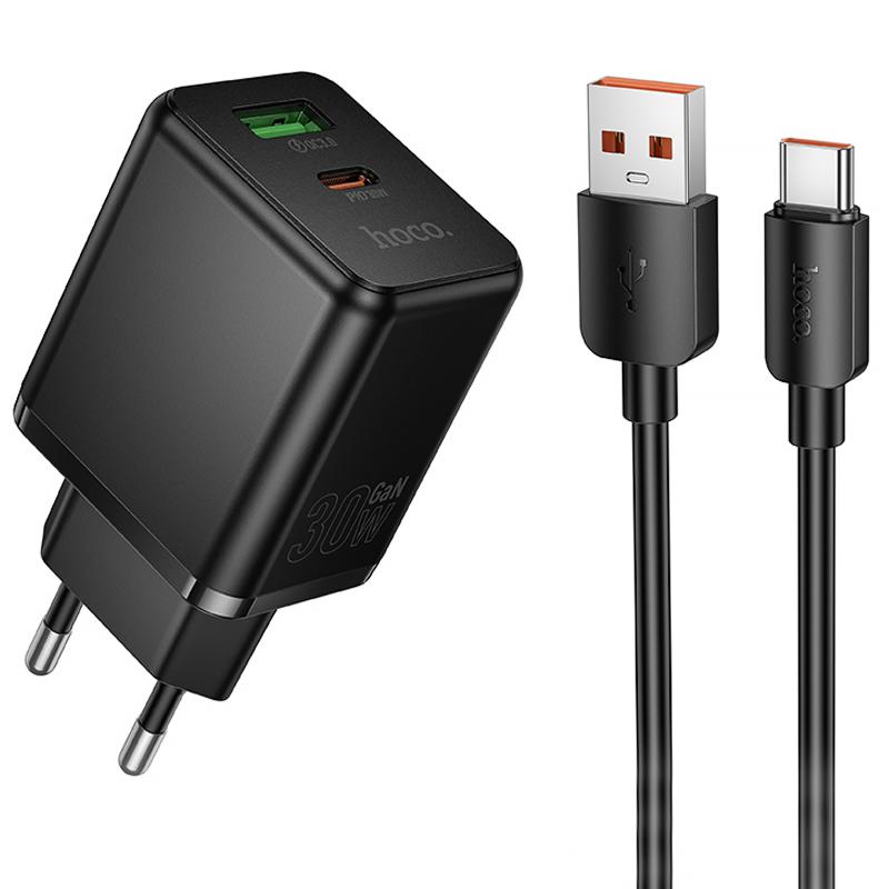 Мережевий зарядний пристрій Hoco C157A Smart PD30W+QC3.0 (1USB-A/1C) + кабель USB to Type-C