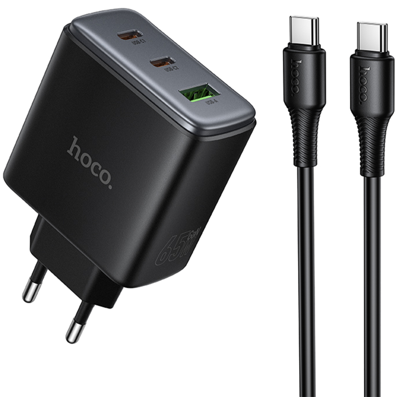 Мережевий зарядний пристрій Hoco C160A Upgrade PD65W+QC3.0 (1USB-A/2C) + кабель Type-C to Type-C