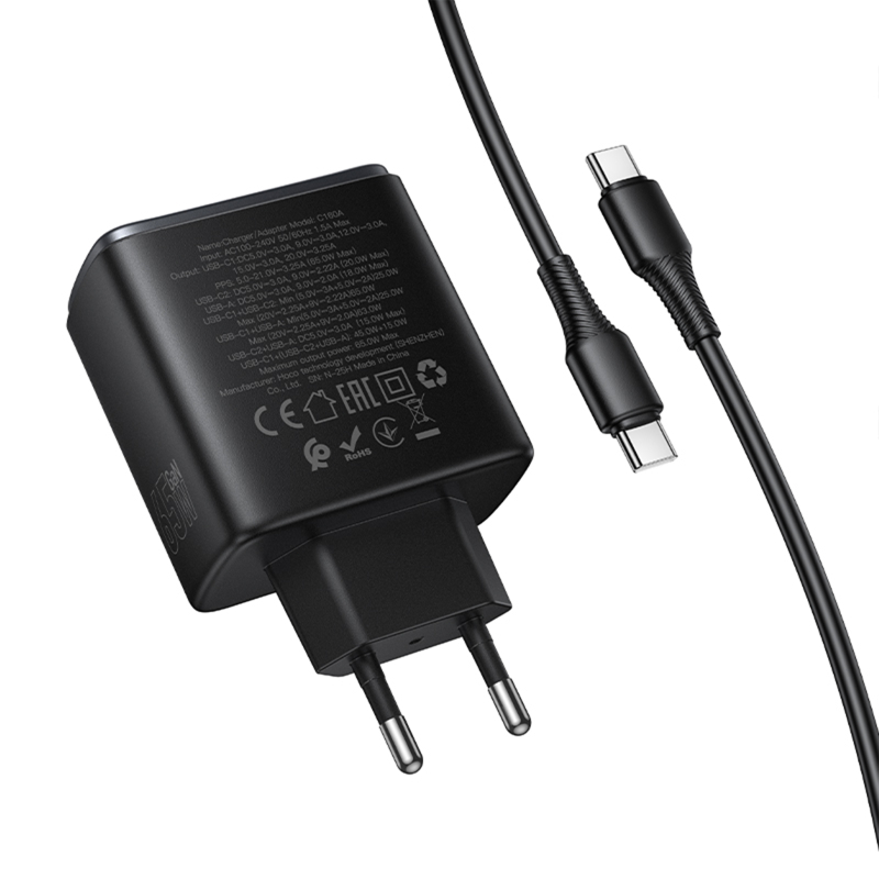 Мережевий зарядний пристрій Hoco C160A Upgrade PD65W+QC3.0 (1USB-A/2C) + кабель Type-C to Type-C - Зображення 6