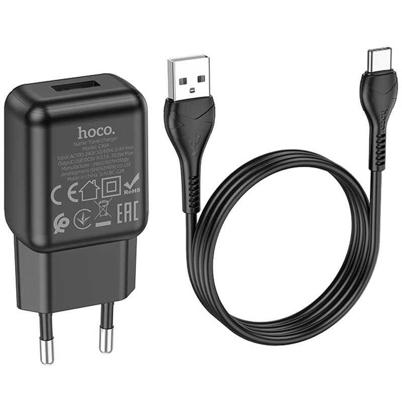 Мережевий зарядний пристрій Hoco C96A 2.1A (1USB-A) + кабель USB to Type-C - Зображення 4