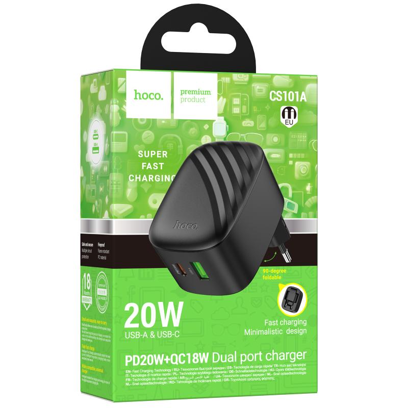Мережевий зарядний пристрій Hoco CS101A Folding PD20W+QC3.0 (1USB-A/1C) - Зображення 2