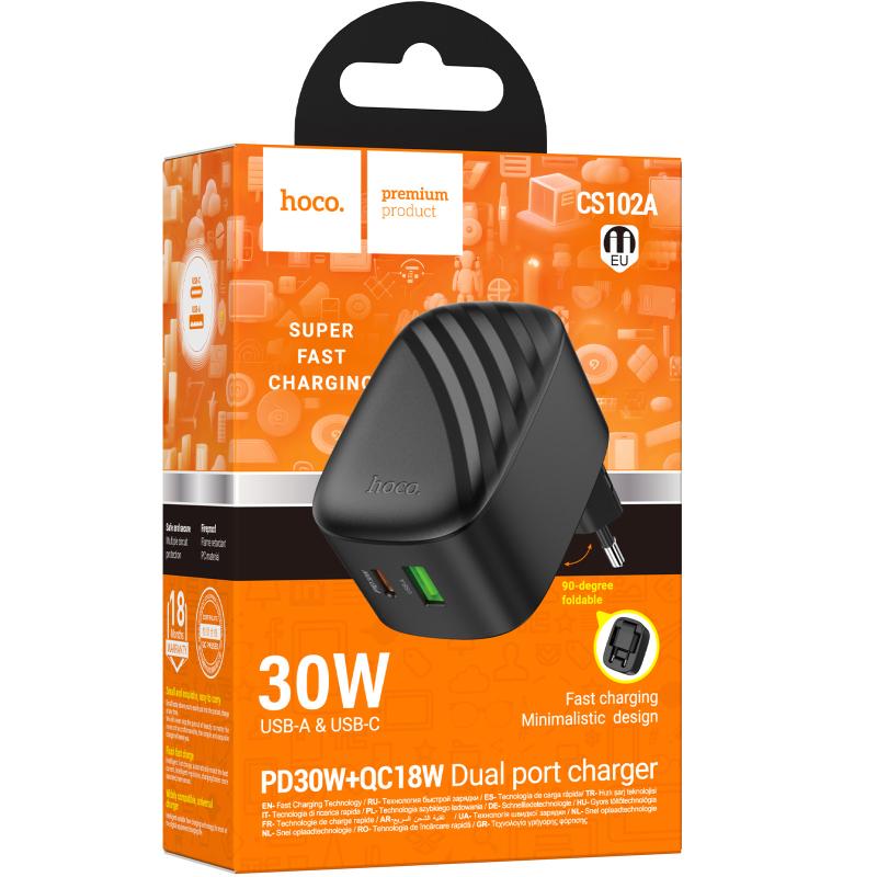 Мережевий зарядний пристрій Hoco CS102A Folding PD30W+QC3.0 (1USB-A/1C) - Зображення 2