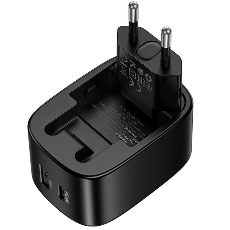 Мережевий зарядний пристрій Hoco CS102A Folding PD30W+QC3.0 (1USB-A/1C) - Зображення 3