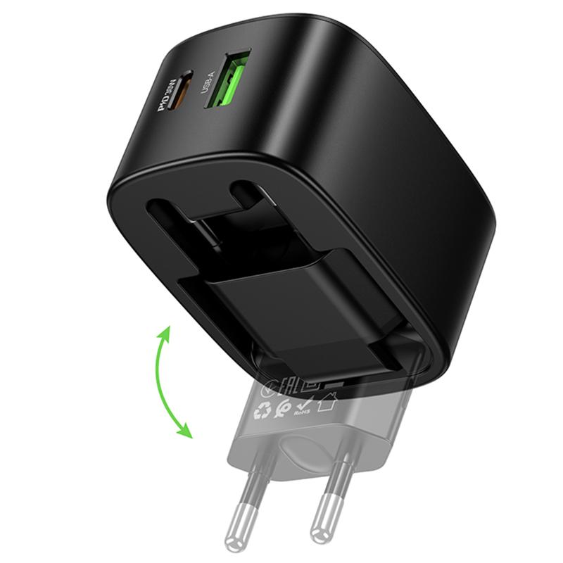 Мережевий зарядний пристрій Hoco CS102A Folding PD30W+QC3.0 (1USB-A/1C) - Зображення 4