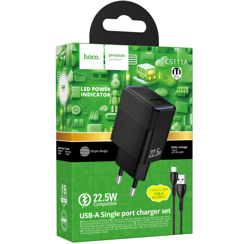 Мережевий зарядний пристрій Hoco CS111A Lounge QC3.0 22.5W (1USB-A) + кабель USB to Type-C - Зображення 5
